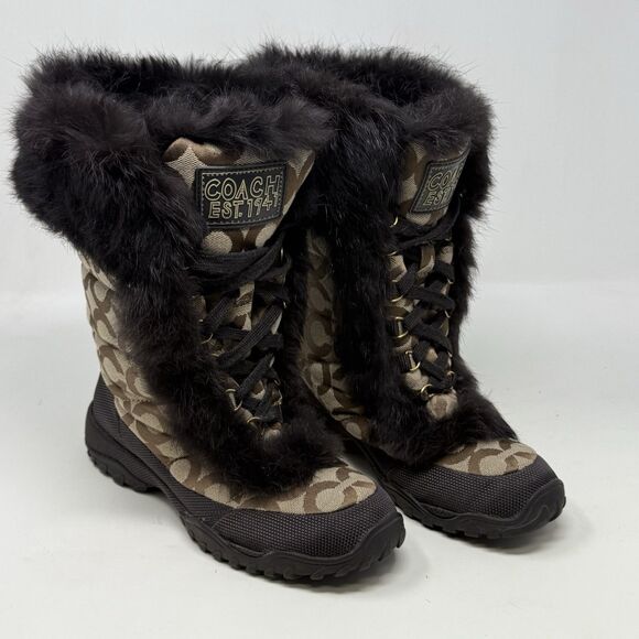 Coach Jennie Signature Monogram Boots Womens 5.5 Brown Lace Up Rabbit Fur - Picture 1 of 16